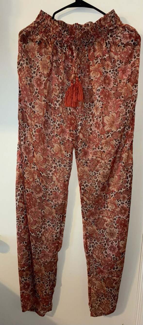 Tularosa Floral and Leopard Mixed Print Tassel Drawstring Smocked Waist Pants